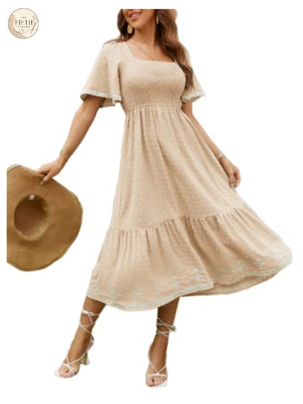 Women's Smocked Square Neck Short Sleeve A Line Summer Flowy Maxi Dress